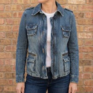 Vintage Old Navy Y2K Denim Utility Jacket Medium Wash Jean Military Cargo Size S